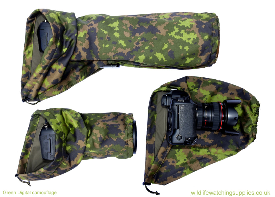 DOUBLE LAYER Reversible camera and lens cover with proofed polycotton on one side and waterproof matt olive pu nylon on the other. Available in a range of camouflage patterns or plain olive green. Keeps you going while other photographers have packed their kit away. Green Digital camouflage.