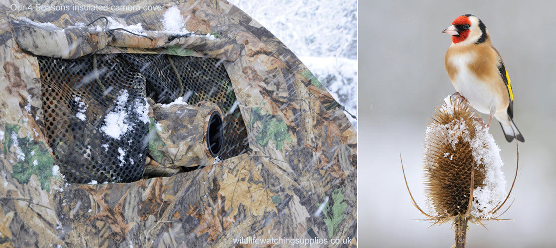 Waterproof and insulated camera covers, camera protection and Realtree camera camouflage, camera rain covers, dust and snow covers. Our 'Four Season' camera covers reduce battery drain & shutter sound. We first designed our heated camera covers for use by the British forces. The cover has four layers of technical fabrics including a fleece lining with a heat pack pocket, ideal for nature photography, wildlife photography and outdoor photography protecting your outdoor photography gear and long lenses.