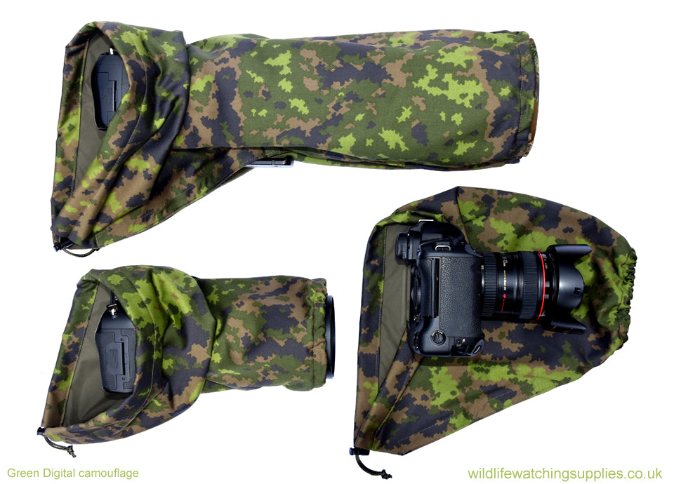 DOUBLE LAYER Reversible camera and lens cover with proofed polycotton on one side and waterproof matt olive pu nylon on the other. Available in a range of camouflage patterns or plain olive green. Keeps you going while other photographers have packed their kit away. Green Digital camouflage. 