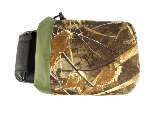 Neoprene draw cord bag. Size 19cm x 9cm x 14cm Ideal for camera bodies, Canon 1D, Nikon D4 and SLR's with battery grip. Also ideal for gimbal heads. Available in Realtree® Max
